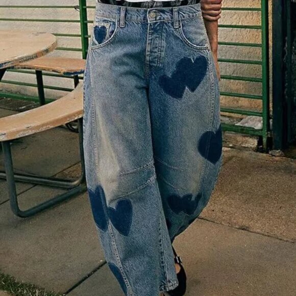 Heart Contrast Wide Leg Boyfriend Barrel Jeans Pants - Picture 3 of 4